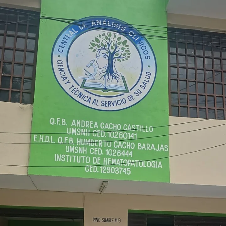 Fachada de la matriz en Pino Suárez 13: muro verde con el sello del laboratorio pintado y los nombres de los químicos responsables